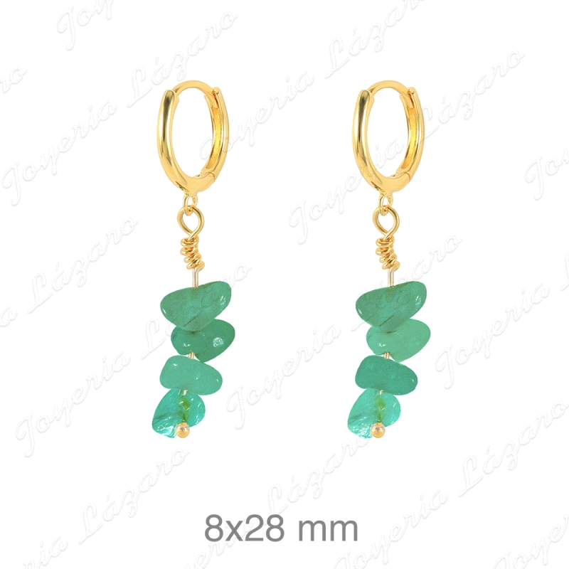 PEND. LARGOS PLATA BAÑO ORO CON 4 PIEDRAS VERDES COLGANDO