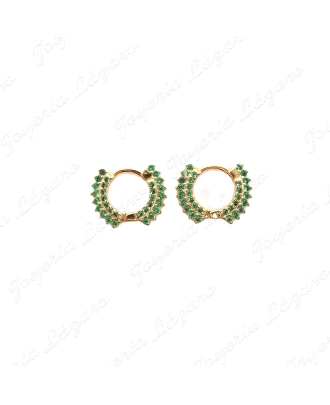 PEND. AROS PLATA CIRCONITAS VERDE ESMERALDA DORADOS 14MM