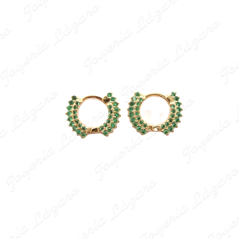 PEND. AROS PLATA CIRCONITAS VERDE ESMERALDA DORADOS 14MM