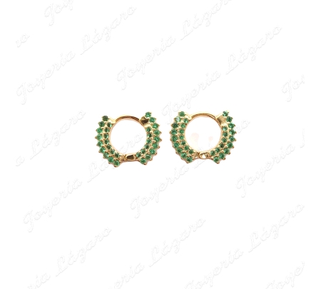 PEND. AROS PLATA CIRCONITAS VERDE ESMERALDA DORADOS 14MM