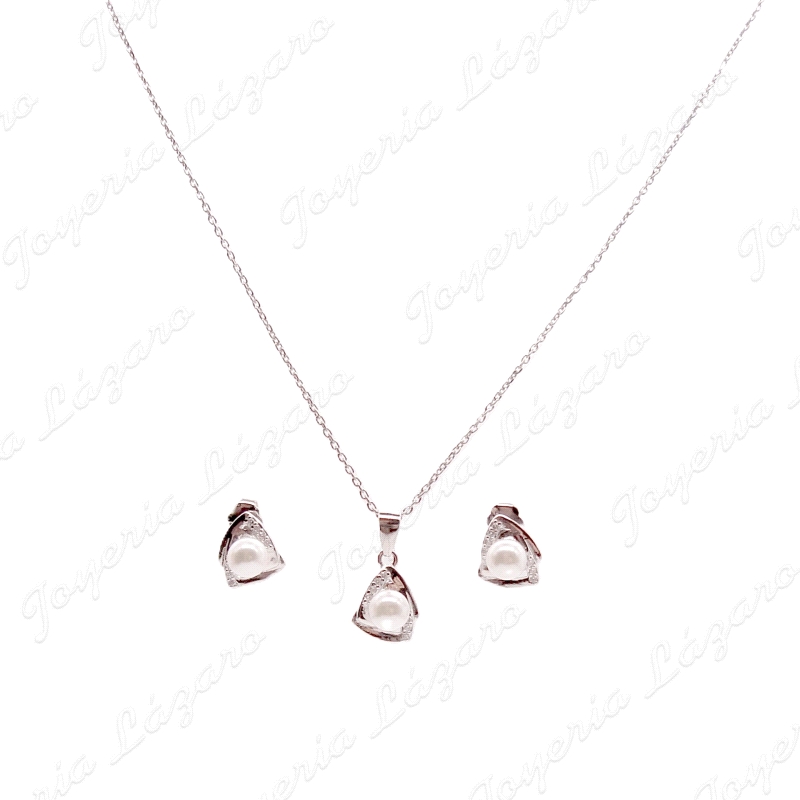 JUEGOS PLATA CADENA+COLGANT+PENDTS. PERLAS + CIRCONITAS TRIANGULO