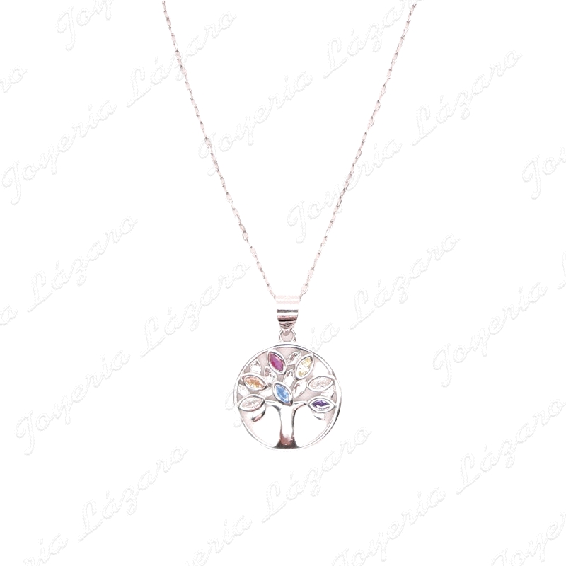 GARGANTILLA PLATA ARBOL VIDA HOJAS PIERDRAS COLOR