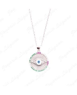 GARGANTILLA PLATA  CIRCULO MULTICOLOR CON OJO TURCO