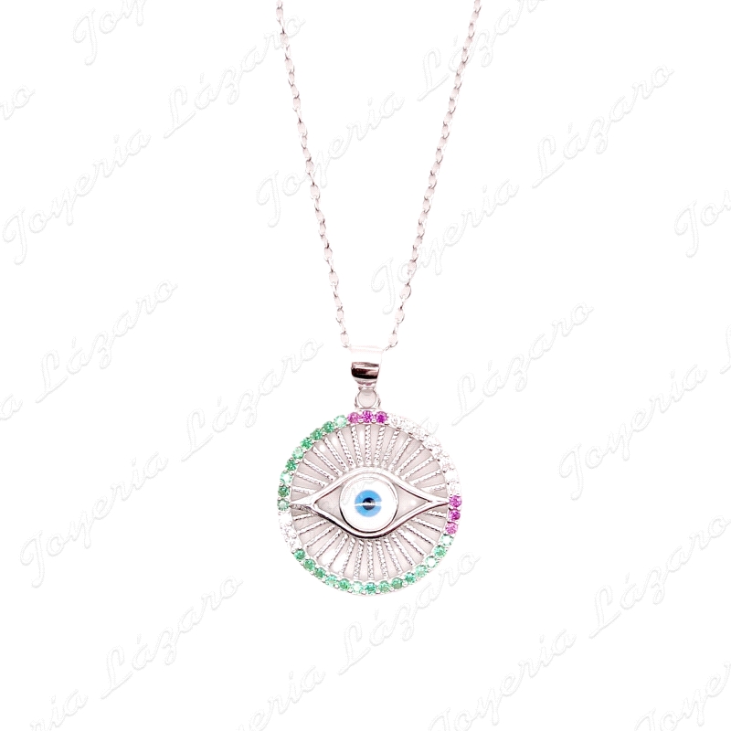 GARGANTILLA PLATA  CIRCULO MULTICOLOR CON OJO TURCO