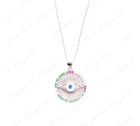 GARGANTILLA PLATA  CIRCULO MULTICOLOR CON OJO TURCO