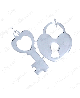 COLGANTE PLATA LISA CORAZON CANDADO CON LLAVE Y DOBLE ASA