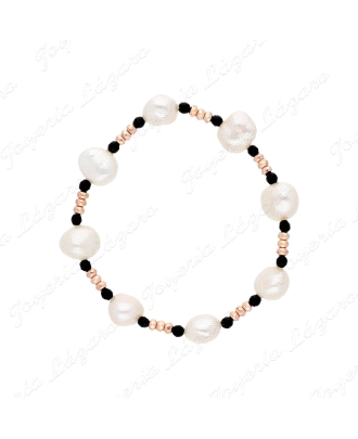 PULSERA BISUTERIA PERLAS NATURAL + PIEDRA NEGRA+PIEDRA DORADA