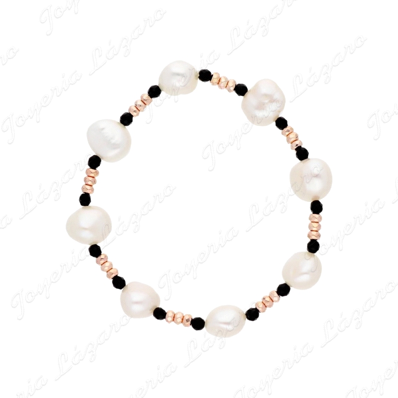 PULSERA BISUTERIA PERLAS NATURAL + PIEDRA NEGRA+PIEDRA DORADA