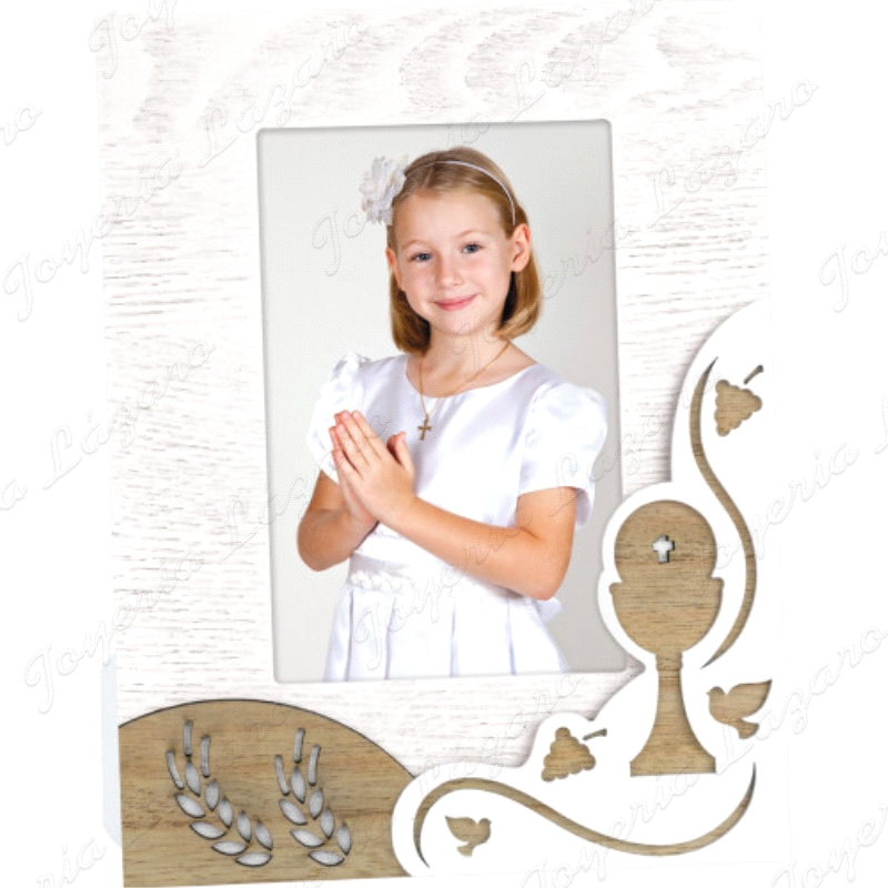 PORTAFOTOS ARTICULO DE REGALO COMUNION, 13X18 APLIQUE MADERA