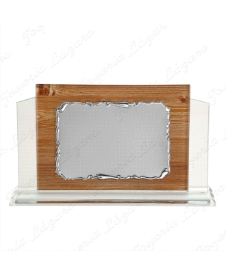 PLACA CONMEMORATIVA ALUMINIO SOPORTE  CRISTAL IMITACION MADERA 21X17X6