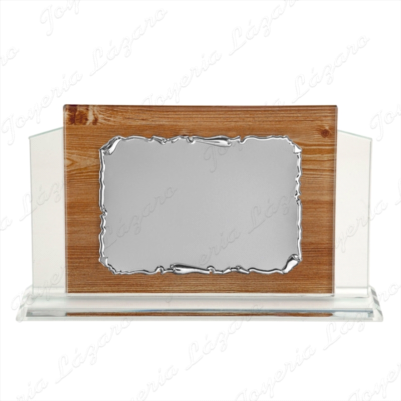 PLACA CONMEMORATIVA ALUMINIO SOPORTE  CRISTAL IMITACION MADERA 21X17X6