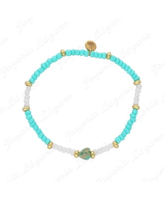 PULSERA ACERO PIEDRAS NATURALES TURQUES+DONTS CHAPADO ORO Y CORAZON