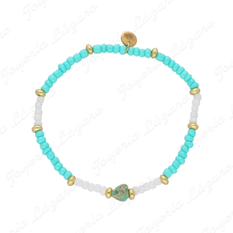 PULSERA ACERO PIEDRAS NATURALES TURQUES+DONTS CHAPADO ORO Y CORAZON