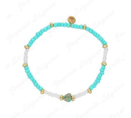 PULSERA ACERO PIEDRAS NATURALES TURQUES+DONTS CHAPADO ORO Y CORAZON