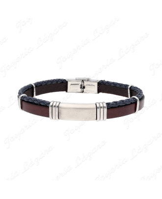 PULSERA ACERO PLACA  Y PIEL MARRON Y NEGRA