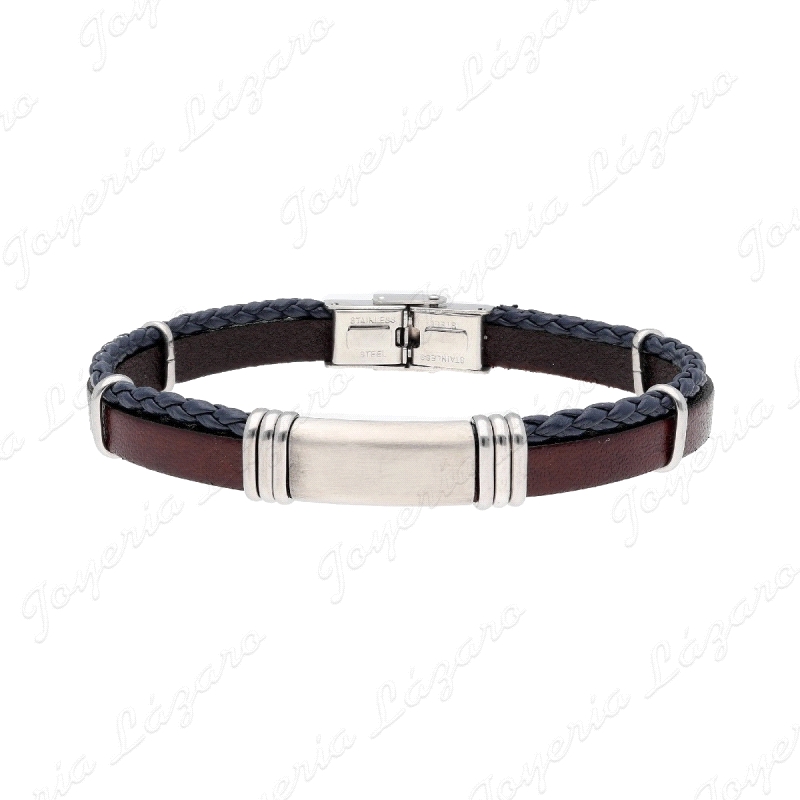 PULSERA ACERO PLACA  Y PIEL MARRON Y NEGRA