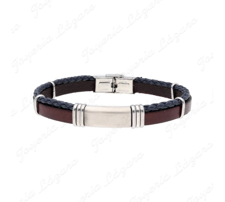 PULSERA ACERO PLACA  Y PIEL MARRON Y NEGRA