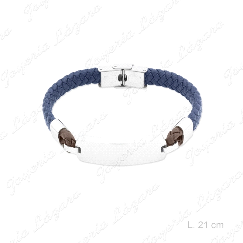 PULSERA ACERO Y PIEL AZUL Y MARRON  PLACA