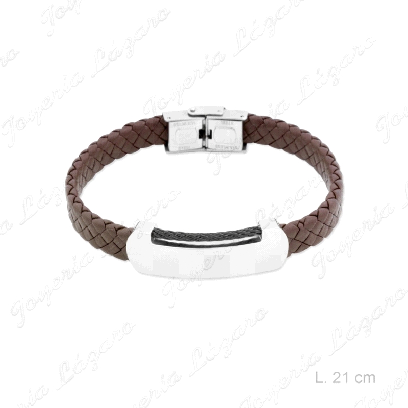 PULSERA ACERO PIEL MARRON PLACA