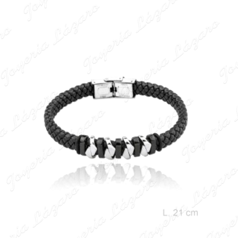 PULSERA ACERO CUERO TRENZADO DISEÑO NEGRA