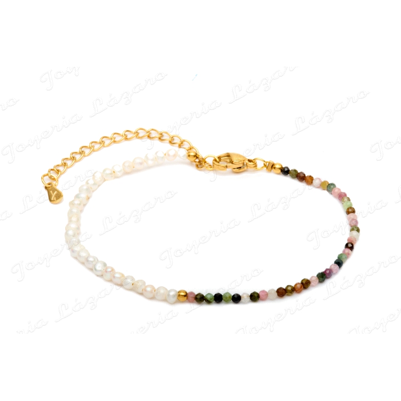 PULSERA ACERO DORADO PIEDRAS NATURALESPERLAS+COLORES