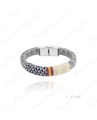 PULSERA ACERO CUERO TRENZADO GRIS+HILOS COLOR ESPAÑA
