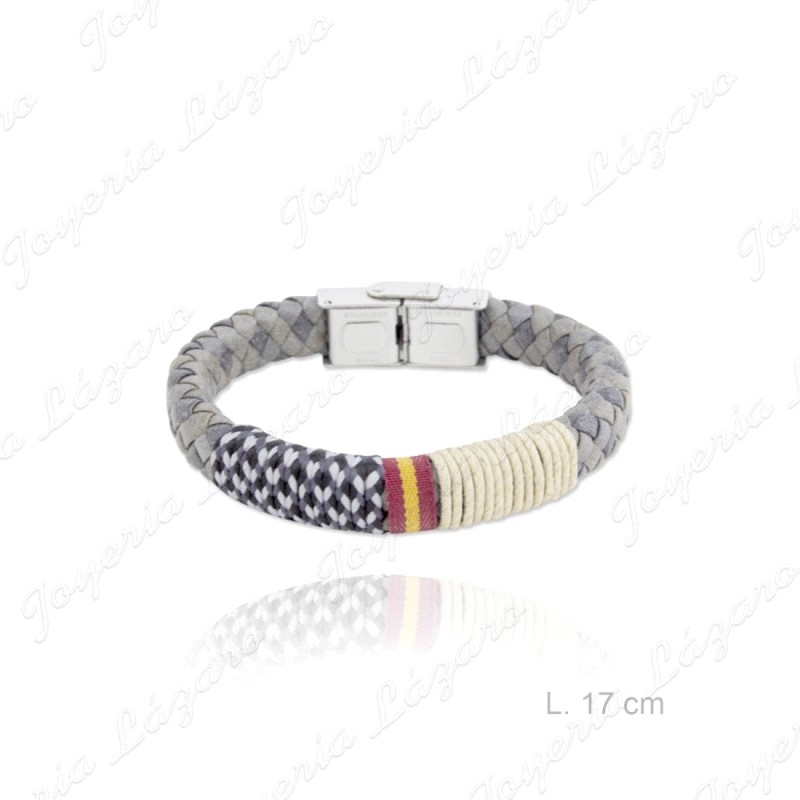 PULSERA ACERO CUERO TRENZADO GRIS+HILOS COLOR ESPAÑA