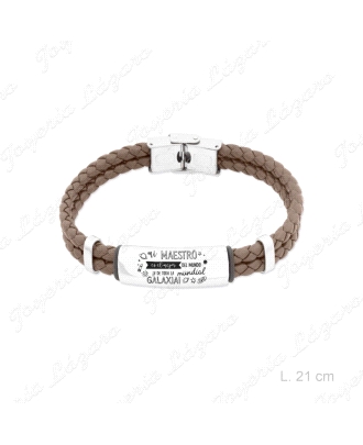 PULSERA ACERO CUERO MARRON, FRASE PROFE.