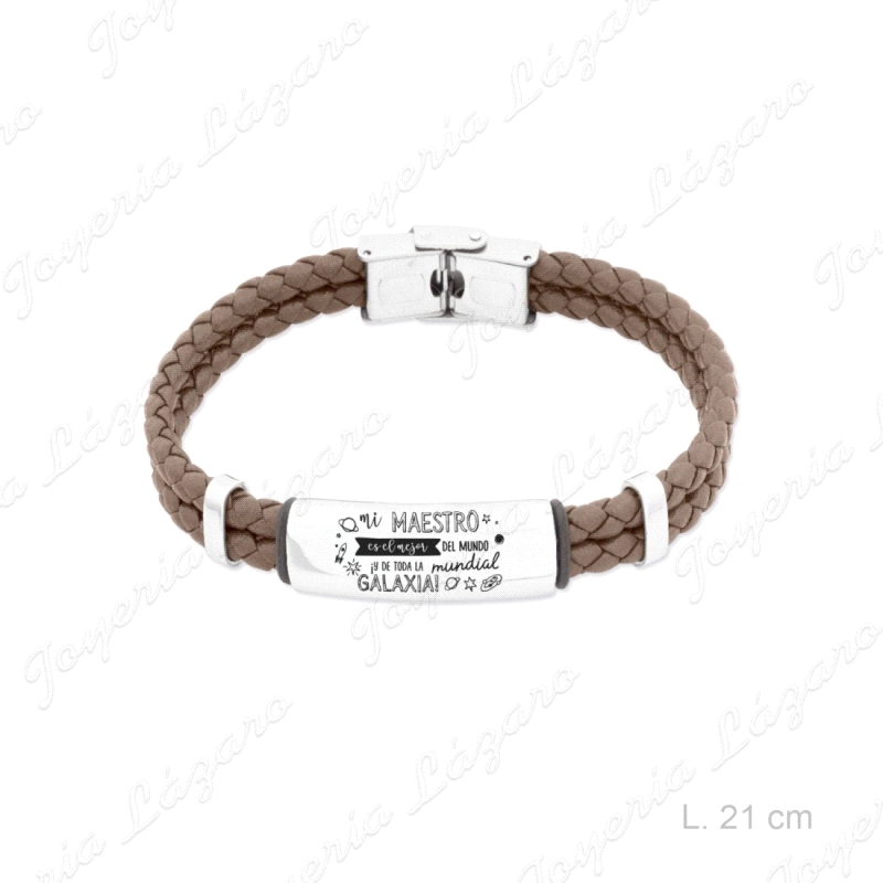 PULSERA ACERO CUERO MARRON, FRASE PROFE.