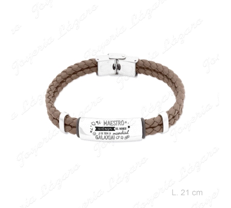 PULSERA ACERO CUERO MARRON, FRASE PROFE.