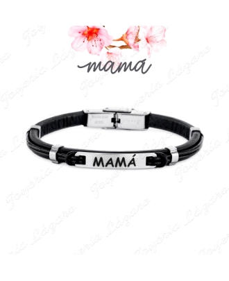 Pulsera de acero Mamá cuero negro nudos de 17 cm