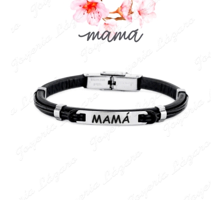 Pulsera de acero Mamá cuero negro nudos de 17 cm