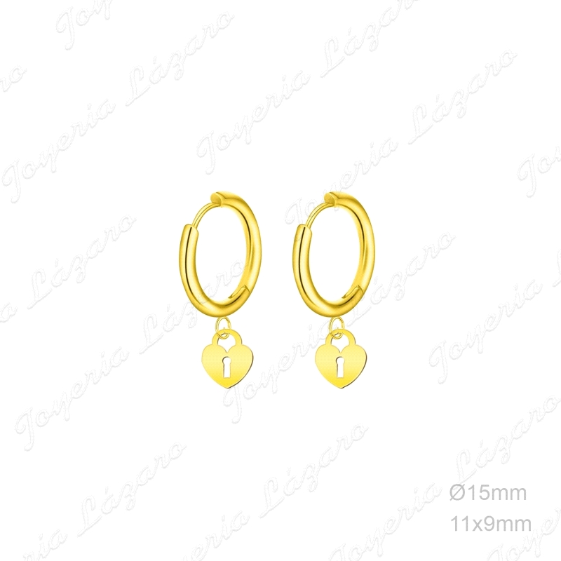 PEND. AROS ACERO DORADO CORAZON CANDADO COLGANDO