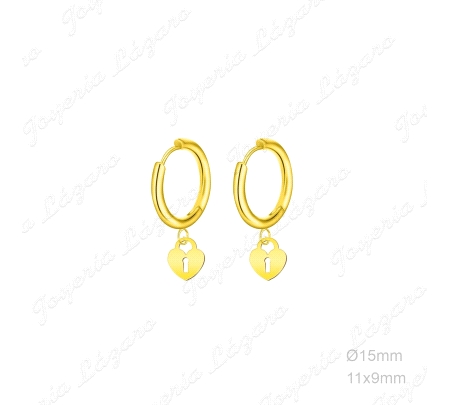 PEND. AROS ACERO DORADO CORAZON CANDADO COLGANDO