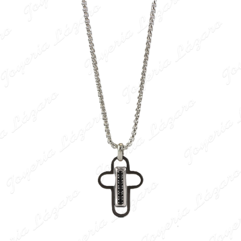 COLLAR ACERO COLGANTE CRUZ  BANDA VERTICAL CIRCOS NEGRAS