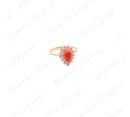 SORTIJA ORO 18KT SEMUNUEVO CIRCONITAS Y CORAL ROJO