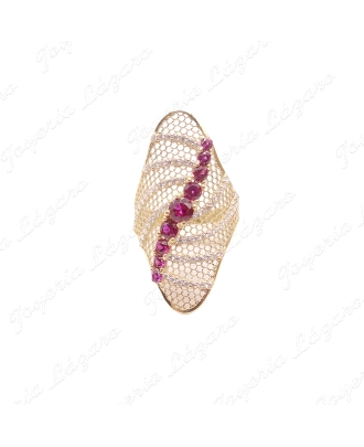 SORTIJA ORO 18 KTS LANZADERA CALADA HILO, HILERA CIRCO ROJAS+ONDAS BLA