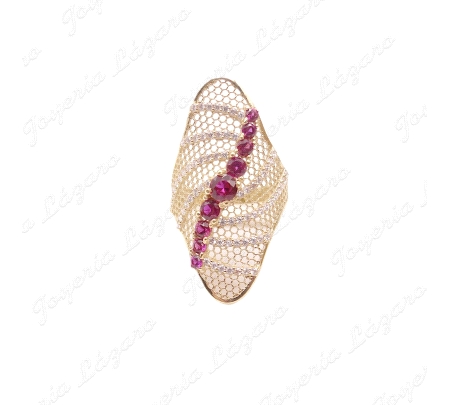 SORTIJA ORO 18 KTS LANZADERA CALADA HILO, HILERA CIRCO ROJAS+ONDAS BLA