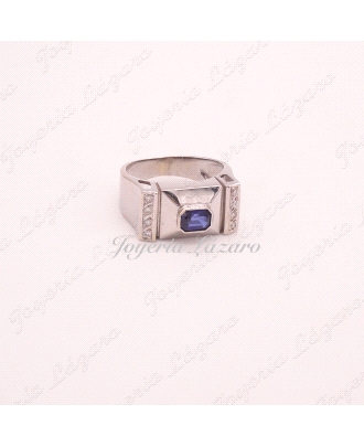 SORTIJA 18KTS BLANCO ZAFIRO CENTRO+2BANDAS PUNTAS DIAMANTE