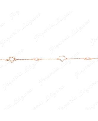 PULSERA ORO 18 KTS 2 CORAZONES CALADOS + 2 PERLAS