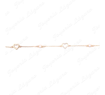 PULSERA ORO 18 KTS 2 CORAZONES CALADOS + 2 PERLAS