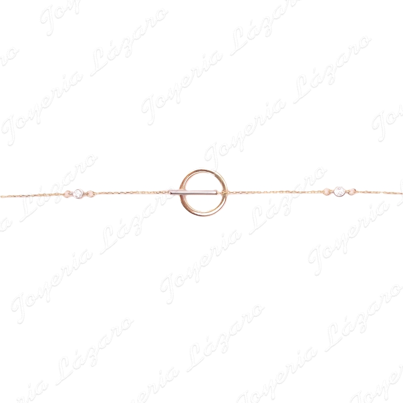 PULSERA ORO 18 KTS 1 ARO CON BARRA+2 CIRCOS EN CADENA FINA