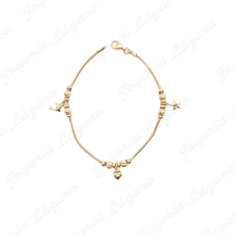 PULSERA ORO 18 KTS COLA RATON, BOLITAS +DELFIN, CORAZON Y ESTRELLA