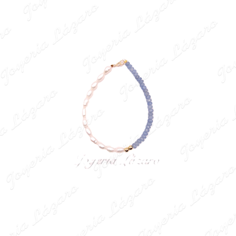 PULSERA ORO 18 KTS COMUNION PERLAS+CRISTALES AZULES