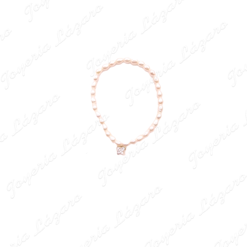 PULSERA ORO 18 KTS  ELASTICA PERLAS + MARIPOSA