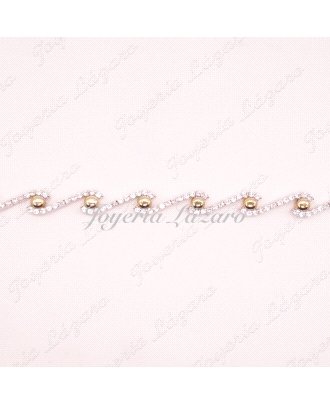 PULSERA 18KTS BICOLOR CIRCONITAS EN ONDAS+BOTONES