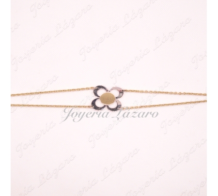 PULSERA ORO SRA.18KTS BICOLOR,CADENA DOBLE,FLOR 4 PETALOS
