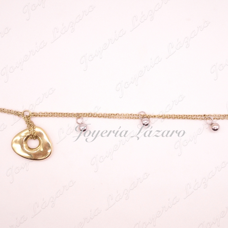 PULSERA SRA.ORO 18KTS BICOLOR,FETICHE COLGADO+BOLAS.CADENA DOBLE