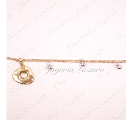 PULSERA SRA.ORO 18KTS BICOLOR,FETICHE COLGADO+BOLAS.CADENA DOBLE