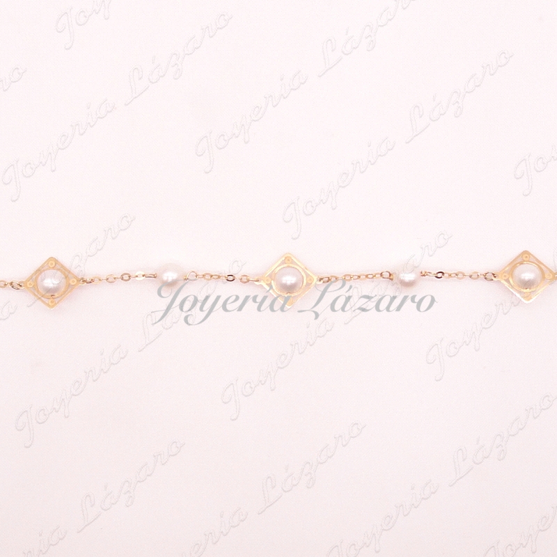 PULSERA ORO 18KTS PERLAS + JAULA CUADRADO
